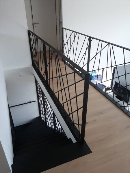 Installation d'escalier métallique suspendue avec plateforme en chêne massif  a ecully